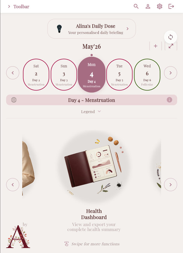 Feminal health dashboard showing cycle days and the current menstruation phase