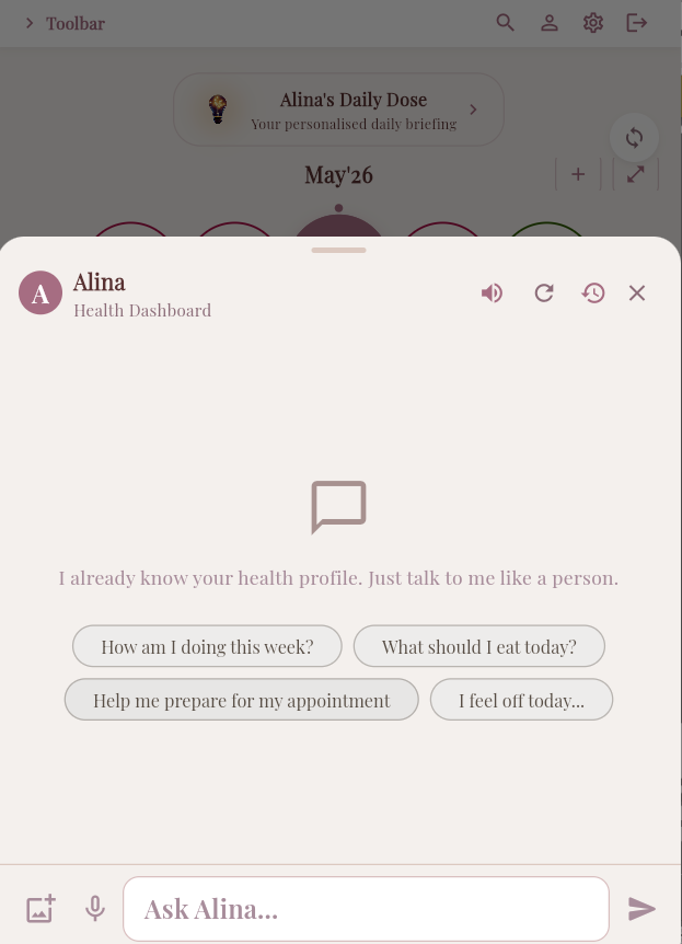 Alina chat screen with personalised health question prompts