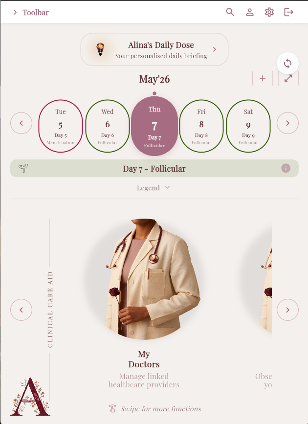 Feminal health dashboard showing the linked doctors section