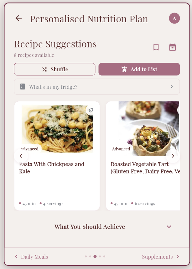 Personalised nutrition plan showing recipe suggestions and meal options