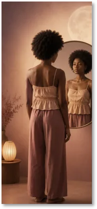 A young woman in soft loungewear stands before a mirror, meeting her own reflection