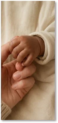 A newborn's hand curled around an adult finger