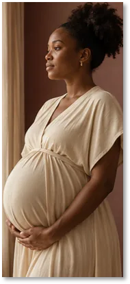 A pregnant woman resting both hands beneath her bump