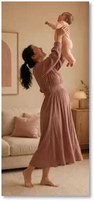 A woman lifting a laughing baby above her head in a sunlit room